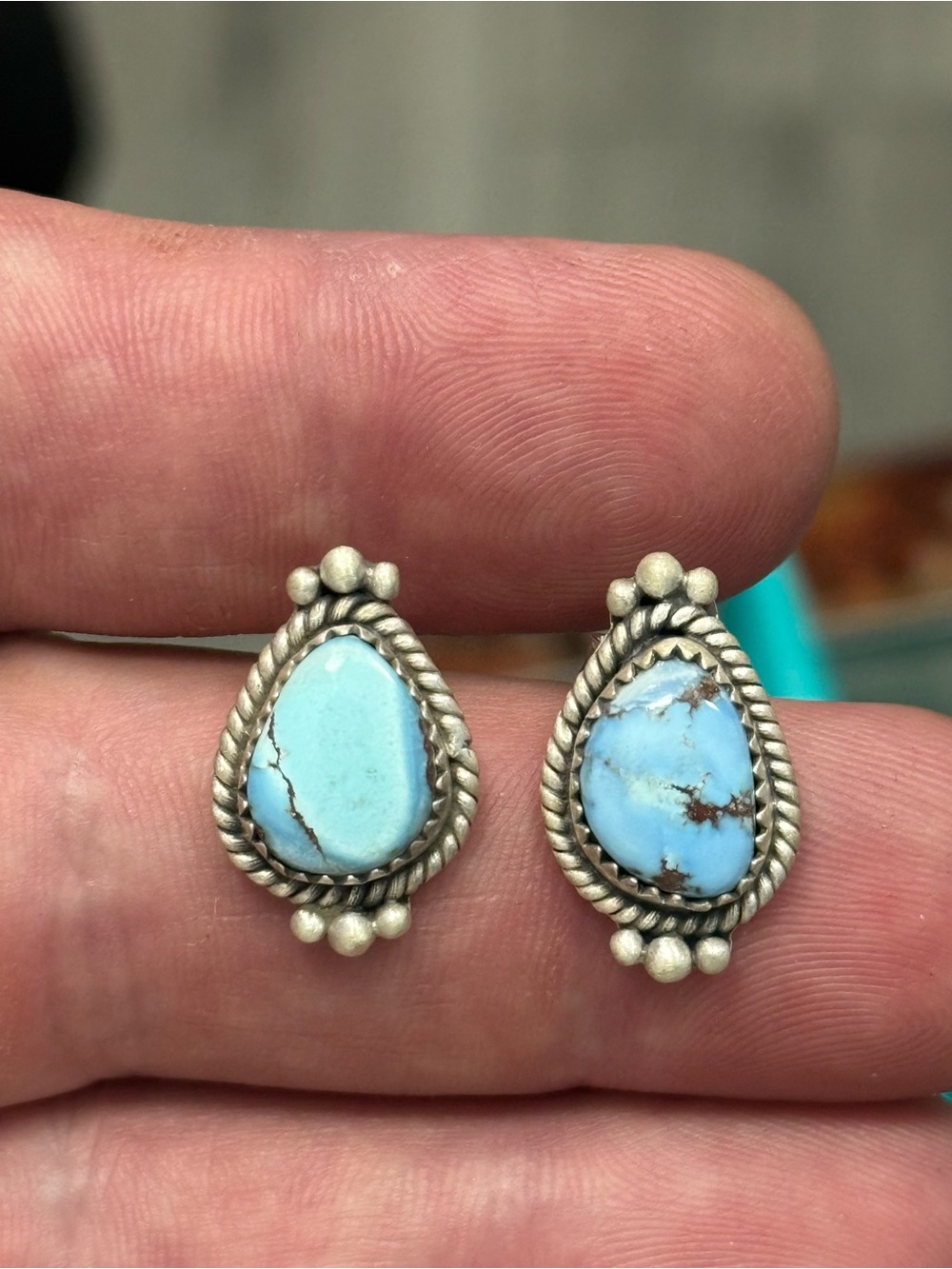 STERLING SILVER GOLDEN HILLS TURQUOISE TWIST BALL BEADED STUD EARRINGS .925 - Picture 12 of 13